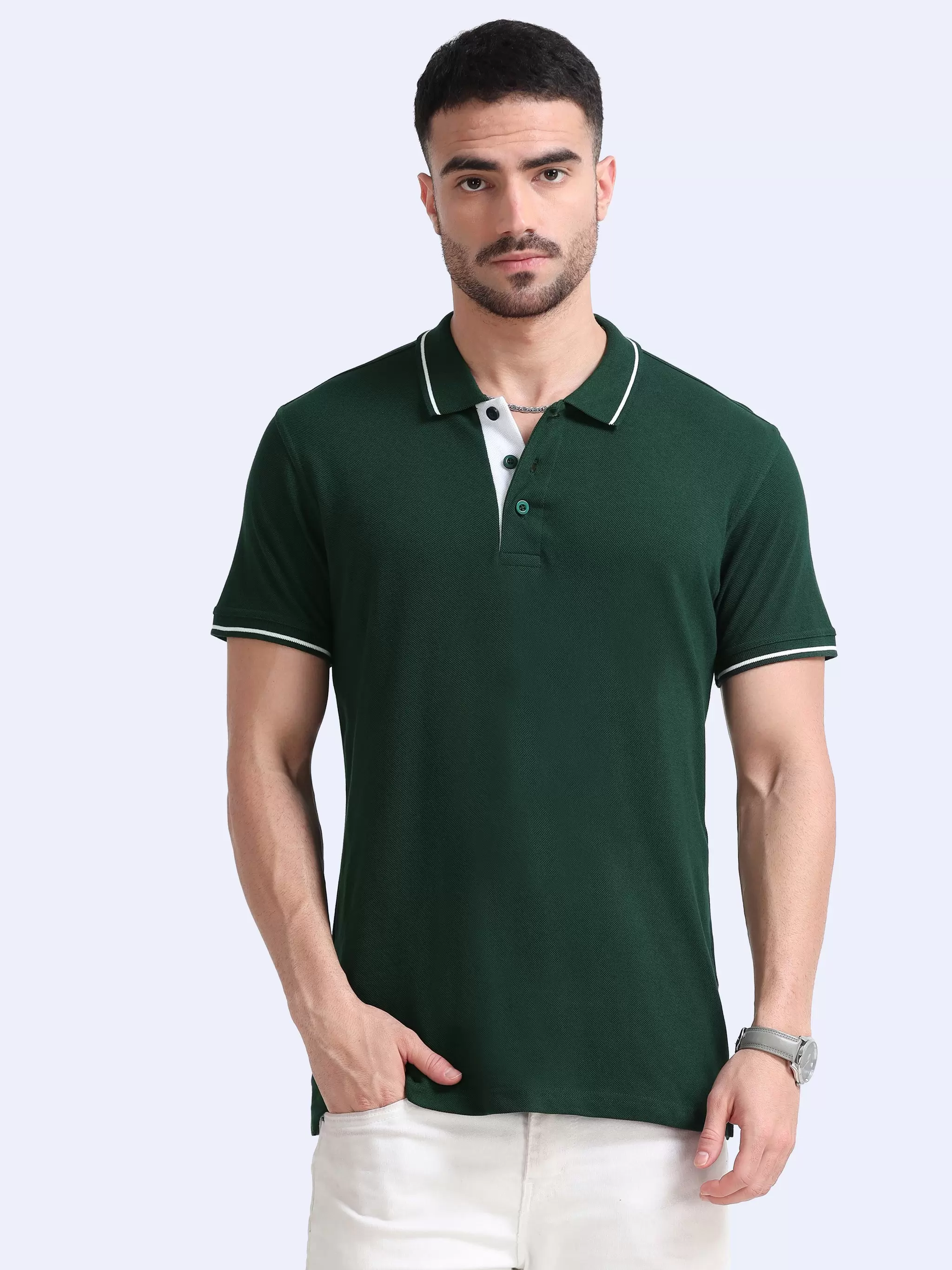 Polo T-Shirt Biowashed Organic 100% Premium Cotton Material for all-Day Comfort, Men Regular Fit - Bottle Green with White Tipping T-Shirt